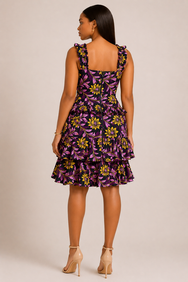 Woman wearing a floral dress with purple and yellow flowers on a beige background