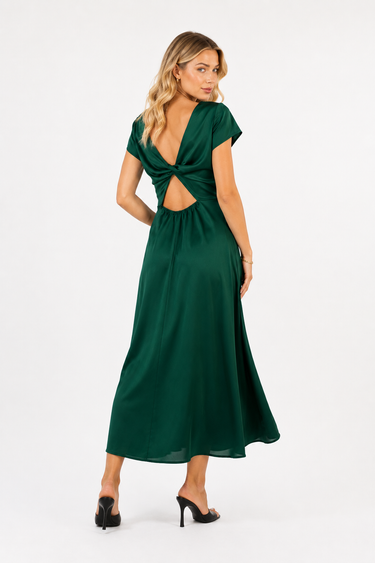 Emerald Green Satin Maxi Dress Short Sleeve Side Slit A Line Formal Dress Women Wedding Guest Bridesmaid Gala Evening Dress
