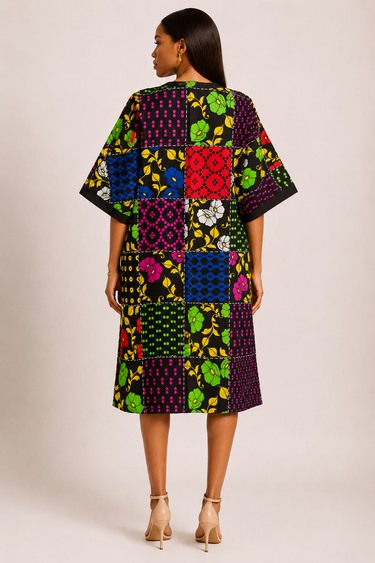 Woman wearing a colorful patchwork dress on a beige background