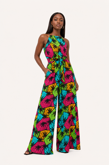 Smooth Visage Multicolor Halter Neck Ankara African Print Multicolor Palazzo Women's Jumpsuit