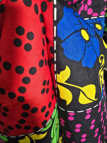 Close-up of colorful fabric with polka dots and floral patterns.
