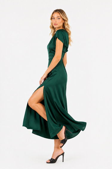 Emerald Green Satin Maxi Dress Short Sleeve Side Slit A Line Formal Dress Women Wedding Guest Bridesmaid Gala Evening Dress