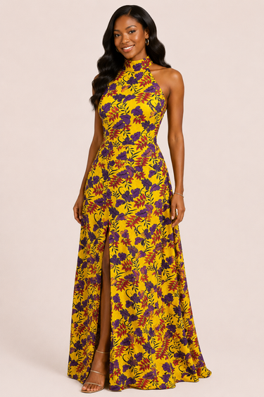 Golden Royale Ankara Halter Maxi Dress – Elegant Floral Slit Gown