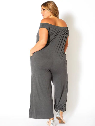 Plus Size Off-Shoulder Wide-Leg Jumpsuit – Relaxed Casual Lounge Jumpsuit