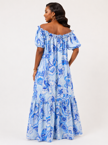 Azure Breeze Off-Shoulder Maxi Dress – Elegant Boho Flow Dress