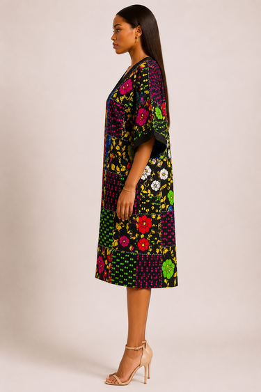Woman wearing a colorful floral dress on a plain background