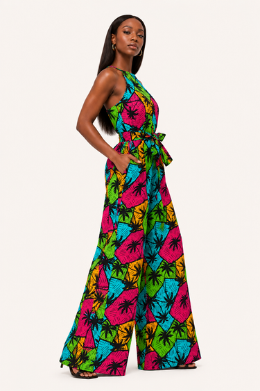 Smooth Visage Multicolor Halter Neck Ankara African Print Multicolor Palazzo Women's Jumpsuit