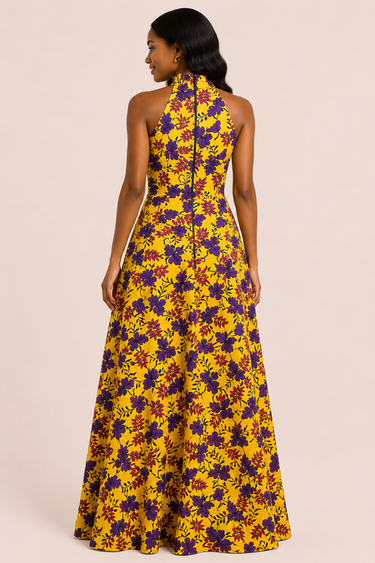 Golden Royale Ankara Halter Maxi Dress – Elegant Floral Slit Gown