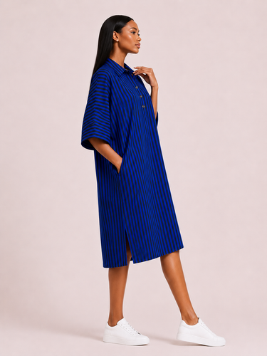 Royal Sapphire Ankara Shirt Dress – Blue Striped Midi Shirt Dress