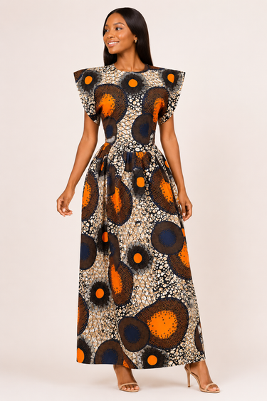 Sunburst Ankara Maxi Dress – Orange & Black Statement Print Gown