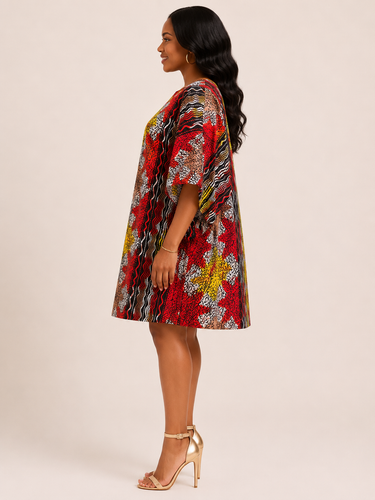 Sunset Rhythm Ankara Swing Dress – Multicolor V-Neck Mini Dress