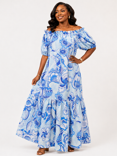 Azure Breeze Off-Shoulder Maxi Dress – Elegant Boho Flow Dress