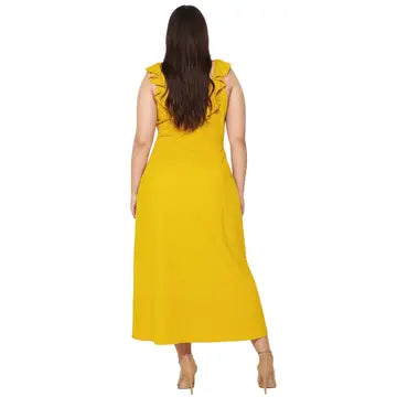 Plus Size Yellow Ruffle Wrap Maxi Dress – Sleeveless Elegant Midi Dress