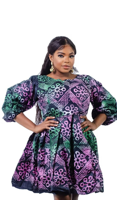 Multicolor hand-dyed Adire dress with circular patterns