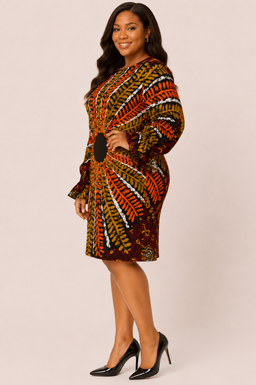 Woman wearing a patterned dress on a beige background