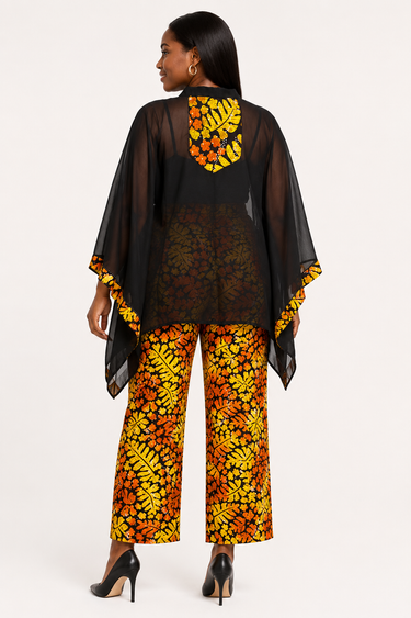 Luxury Lightweight Ankara Kaftan Pant Set – Sheer Black Overlay & African Print Two-Piece Set
