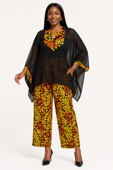 Luxury Lightweight Ankara Kaftan Pant Set – Sheer Black Overlay & African Print Two-Piece Set