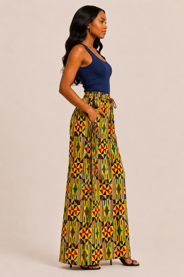 Kente Print Palazzo Cargo Pants – Wide-Leg African Print Statement Pants