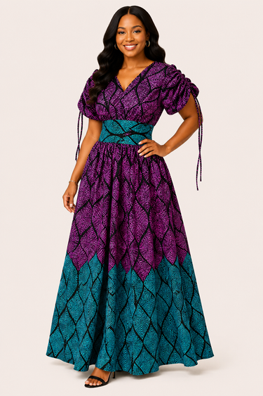 Woman wearing a purple and teal patterned dress on a white background