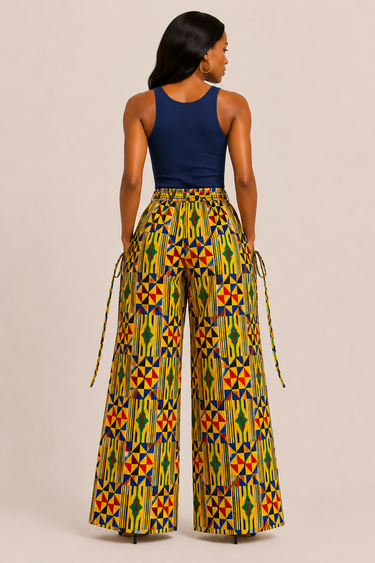 Kente Print Palazzo Cargo Pants – Wide-Leg African Print Statement Pants