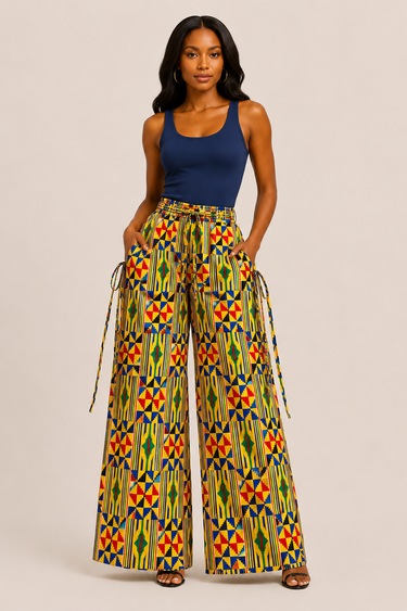 Kente Print Palazzo Cargo Pants – Wide-Leg African Print Statement Pants
