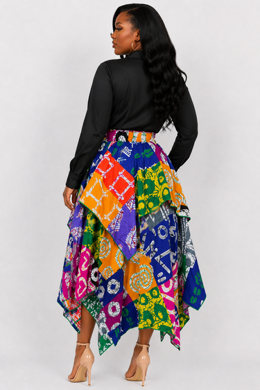 Large size Ankara patchwork high waist midi skirt in vibrant multicolor African print with gathered ruffle waist and handkerchief asymmetric hem perfect for wedding guest festival cultural events and occasion outfits