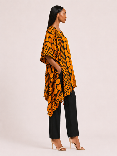 Woman wearing an orange and black patterned kimono over a black outfit on a light pink background