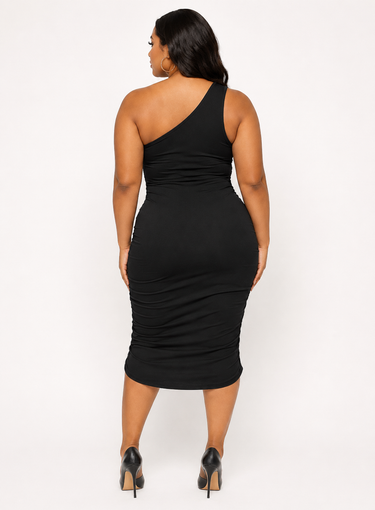 One-Shoulder Ruched Midi Dress – Plus Size Bodycon Dress