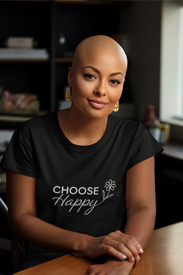 Happy customer modeling a vibrant graphic t-shirt