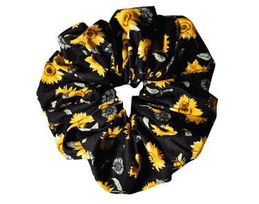 Handmade cotton scrunchie with botanical sunflower design
