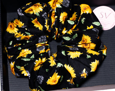 Black Sunflower Print Cotton Scrunchie – Handmade Hair Accessory