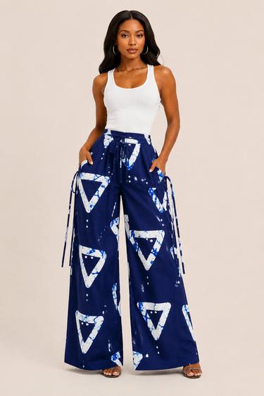 Blue Ankara Palazzo Cargo Pants – Lightweight Wide-Leg African Print Pants