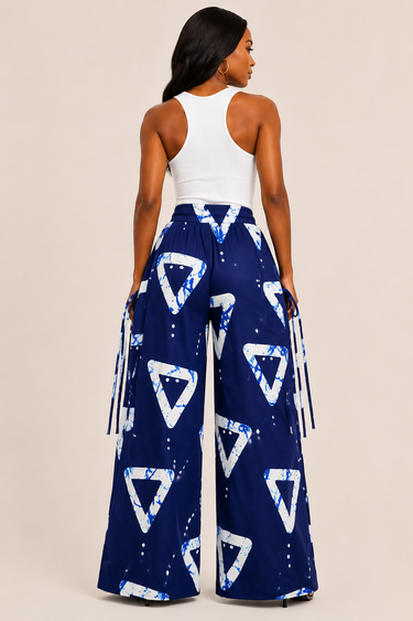 Blue Ankara Palazzo Cargo Pants – Lightweight Wide-Leg African Print Pants