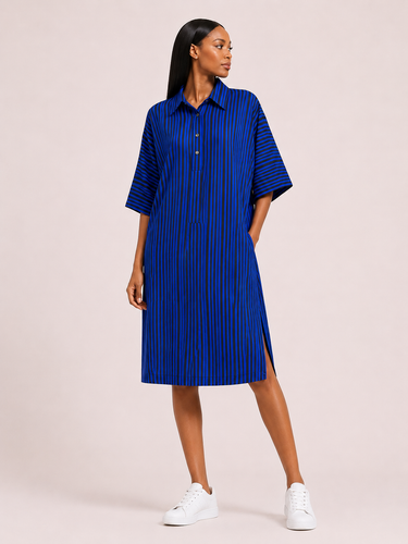 Royal Sapphire Ankara Shirt Dress – Blue Striped Midi Shirt Dress