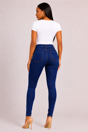Cobalt blue high waist skinny jeans with clean even wash slim fit tapered leg and stretch denim construction perfect for everyday casual work smart casual brunch date night and going out outfits for women