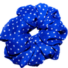 Royal blue satin scrunchie with white polka dots