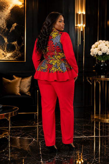 Bold Red Ankara and Crepe Pant Set with Peplum Zip-Up Top – Smooth Visage