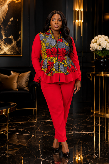 Bold Red Ankara and Crepe Pant Set with Peplum Zip-Up Top – Smooth Visage