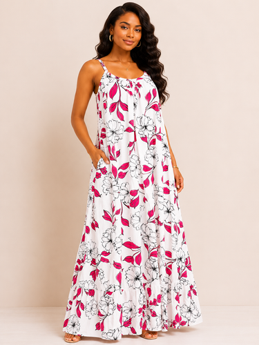 White & Pink Floral Crepe Maxi Dress – Sleeveless Flowy Summer Dress