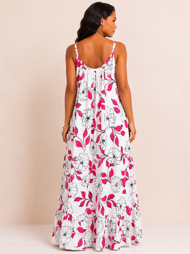 White & Pink Floral Crepe Maxi Dress – Sleeveless Flowy Summer Dress