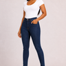 Deep indigo dark wash high waist skinny jeans with golden contrast stitching slim fit tapered leg and stretch denim construction perfect for everyday casual work smart casual brunch date night and going out outfits for women