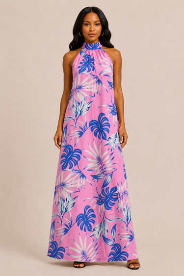 Pink Tropical Halter Maxi Dress – Lightweight Ankara Print Summer Dress
