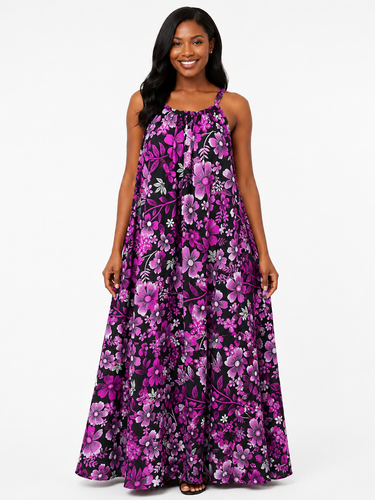 Purple Floral Ankara Maxi Dress – Lightweight African Print Flowy Dress