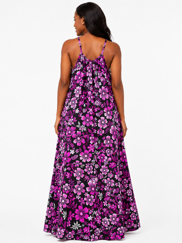 Purple Floral Ankara Maxi Dress – Lightweight African Print Flowy Dress