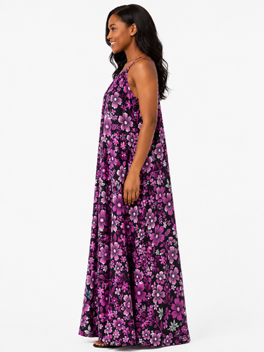 Purple Floral Ankara Maxi Dress – Lightweight African Print Flowy Dress