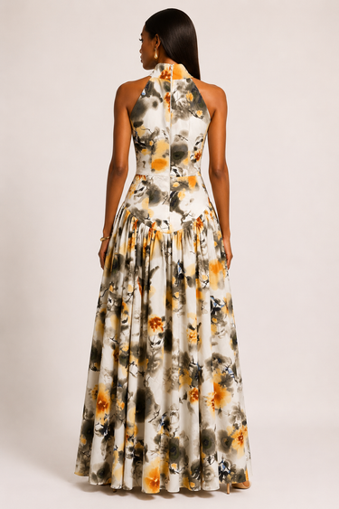 Woman wearing a floral dress with a neutral background