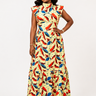 Woman wearing a colorful dress with a white background