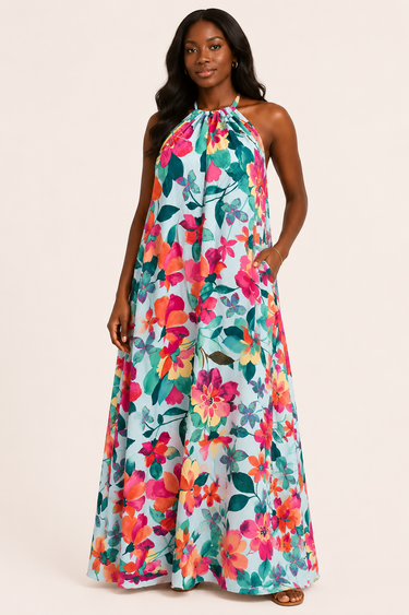 Tropical Bloom Halter Maxi Dress – Elegant Floral Flow Dress