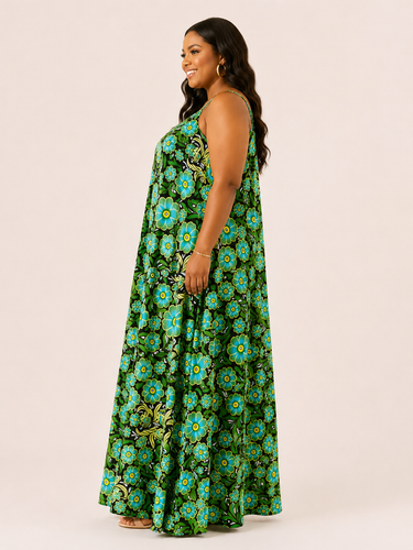 Emerald Bloom Ankara Maxi Dress – Plus Size Flowy Floral Sundress