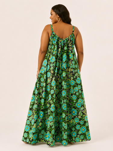 Emerald Bloom Ankara Maxi Dress – Plus Size Flowy Floral Sundress